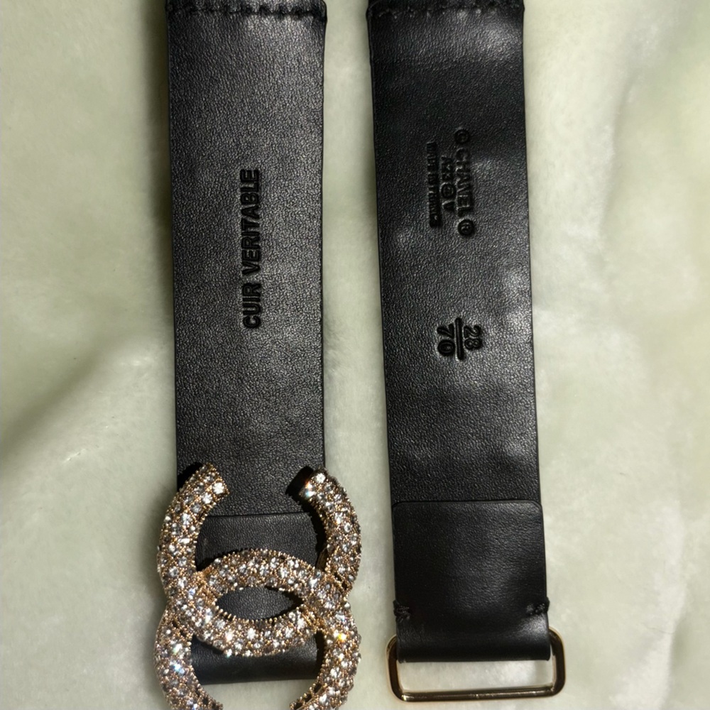 Gold CHA NEL Crystal interlocking CC Black Leather Scrunch Waist Belt & Box XS S - Picture 12 of 14